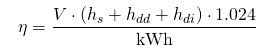 Equation: efficiency is equal to volume times the sum of standing depth, drawdown, and discharge head, times 1.024, all divided by kilowatt-hours